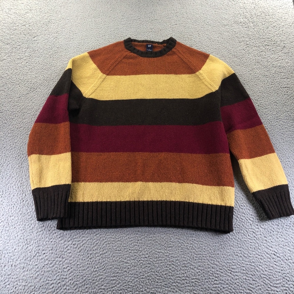 Vintage Gap Sweater Mens Large Brown Burgundy Striped Wool Y2K Crewneck Heavy
